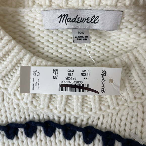 Madewell Textured Cotton Crewneck Sweater Stripe Ivory Navy XS Cozy Knit Chunky - Picture 3 of 10